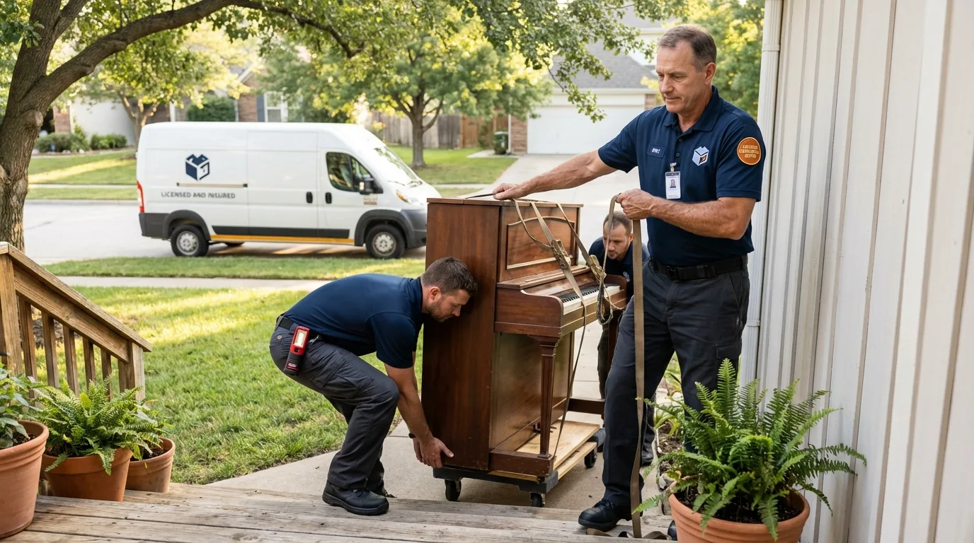 Licensed piano movers securing grand piano in Clarksville, IN