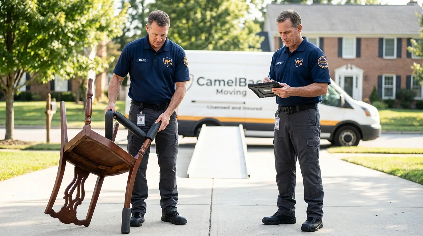 Movers inspecting furniture for damage prevention before loading in Clarksville, IN