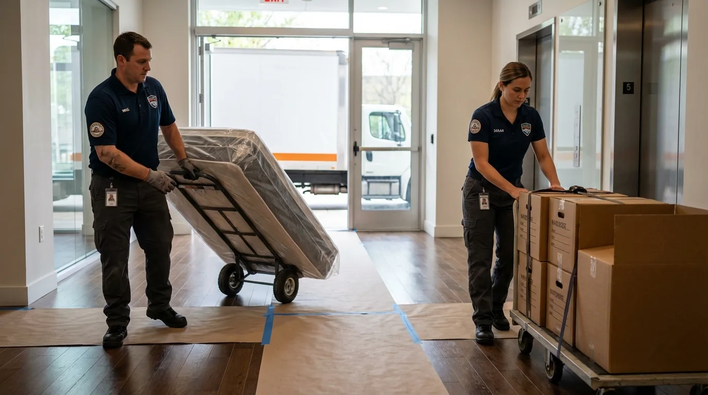 Professional apartment movers loading elevator in Clarksville, IN