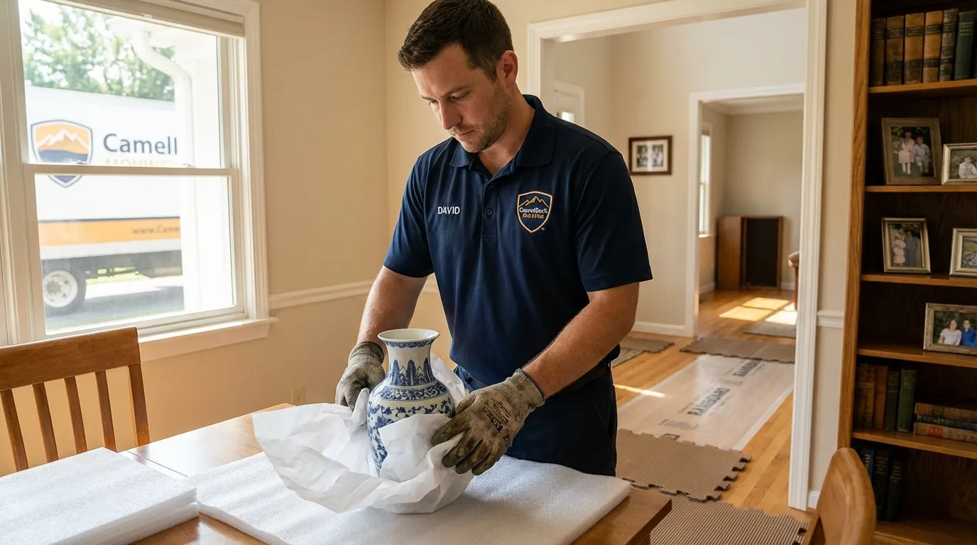Professional crew carefully wrapping antique vase for senior downsizing move in Clarksville, IN